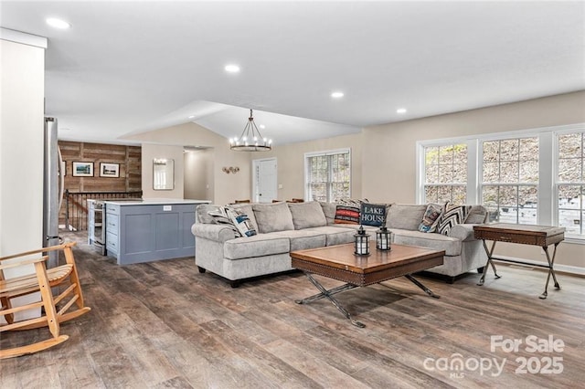137 Weaver Ct, Lake Lure, NC 28746 - living room with dark wood-style floors, a chandelier, recessed lighting, and lofted ceiling