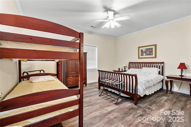 137 Weaver Ct, Lake Lure, NC 28746 - bedroom featuring ornamental molding, wood finished floors, baseboards, and a ceiling fan