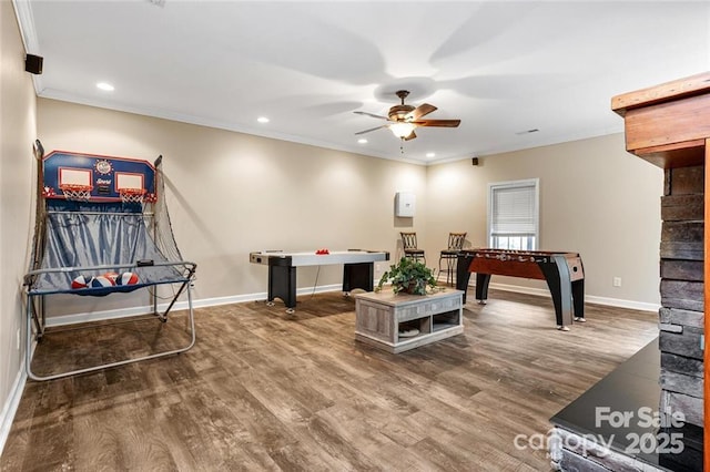 137 Weaver Ct, Lake Lure, NC 28746 - recreation room with crown molding, ceiling fan, baseboards, wood finished floors, and recessed lighting
