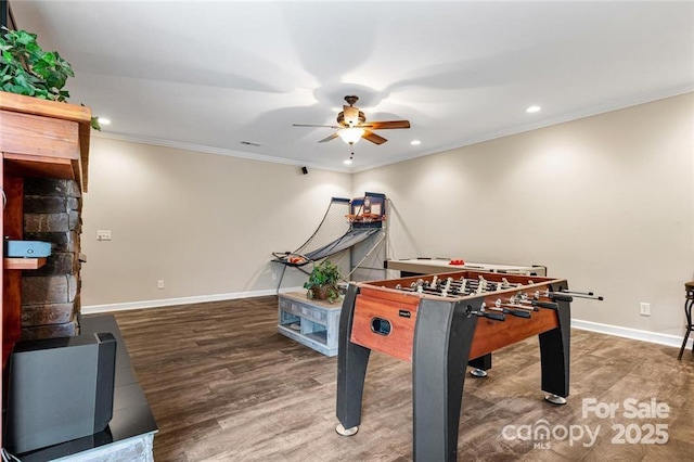 137 Weaver Ct, Lake Lure, NC 28746 - recreation room featuring a ceiling fan, wood finished floors, recessed lighting, crown molding, and baseboards