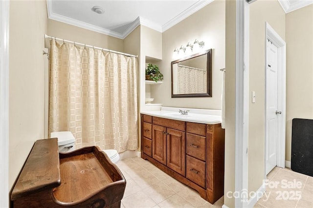 137 Weaver Ct, Lake Lure, NC 28746 - bathroom featuring tile patterned floors, vanity, crown molding, and a shower with shower curtain