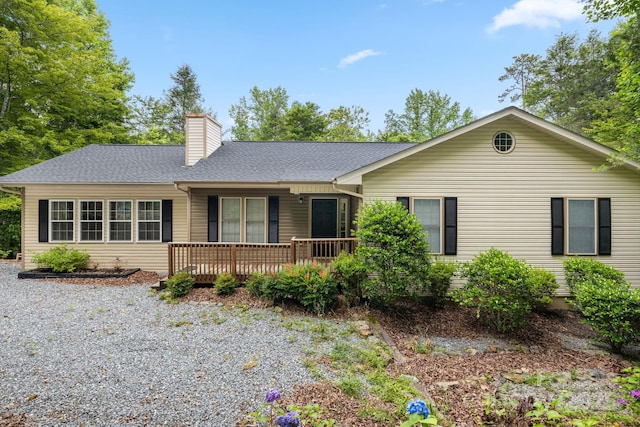 137 Weaver Ct, Lake Lure, NC 28746 - ranch-style house featuring a chimney, roof with shingles, and a deck