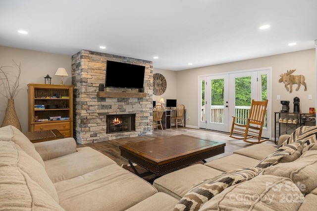 137 Weaver Ct, Lake Lure, NC 28746 - living area with wood finished floors, recessed lighting, and a fireplace