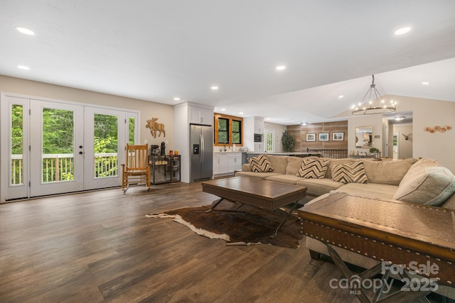 137 Weaver Ct, Lake Lure, NC 28746 - living area featuring dark wood-type flooring, a chandelier, french doors, recessed lighting, and lofted ceiling