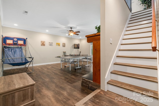 137 Weaver Ct, Lake Lure, NC 28746 - game room with wood finished floors, recessed lighting, ceiling fan, and ornamental molding