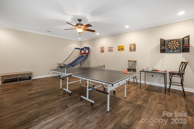 137 Weaver Ct, Lake Lure, NC 28746 - recreation room featuring a ceiling fan, wood finished floors, recessed lighting, and ornamental molding