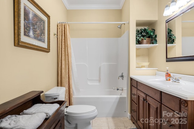 137 Weaver Ct, Lake Lure, NC 28746 - full bathroom featuring crown molding, vanity, shower / bath combo with shower curtain, and tile patterned flooring