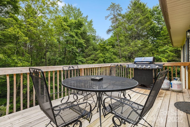 137 Weaver Ct, Lake Lure, NC 28746 - wooden deck with a grill and outdoor dining area