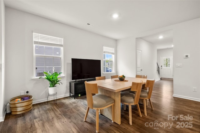 461 Misty Law Ln, Clover, SC 29710 - dining room with dark wood-type flooring, baseboards, recessed lighting, and stairway