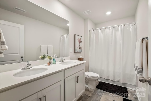 461 Misty Law Ln, Clover, SC 29710 - full bathroom with toilet, double vanity, shower / tub combo with curtain, and recessed lighting