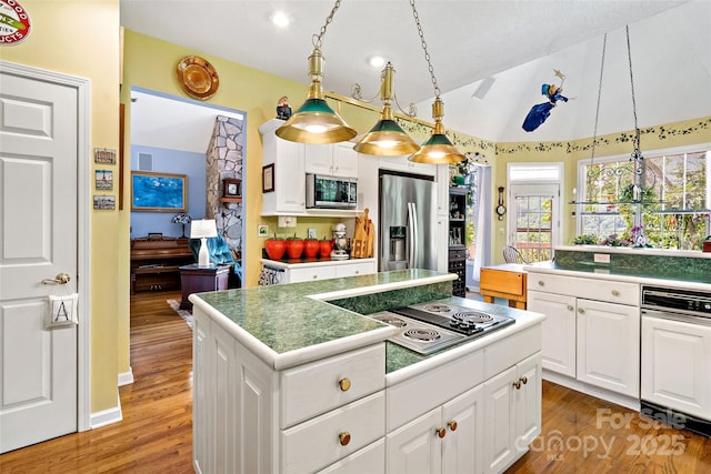 65 Timber Park Dr, Black Mountain, NC 28711 - kitchen featuring appliances with stainless steel finishes, lofted ceiling, a kitchen island, wood finished floors, and white cabinetry