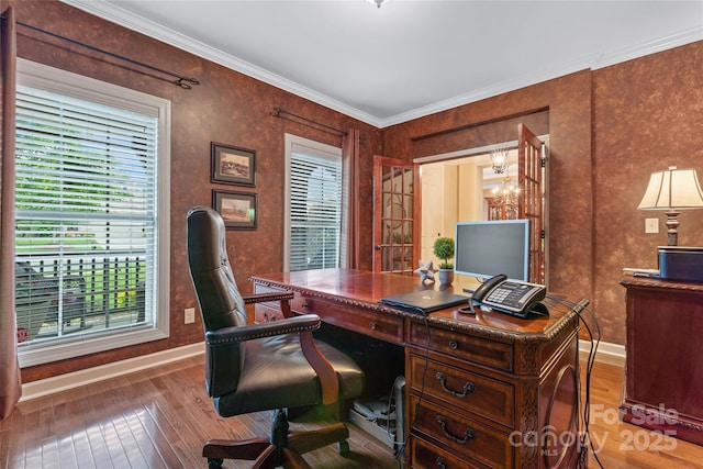 10620 Euclid Ave NW, Concord, NC 28027 - office area with baseboards, light wood-style flooring, ornamental molding, and a chandelier