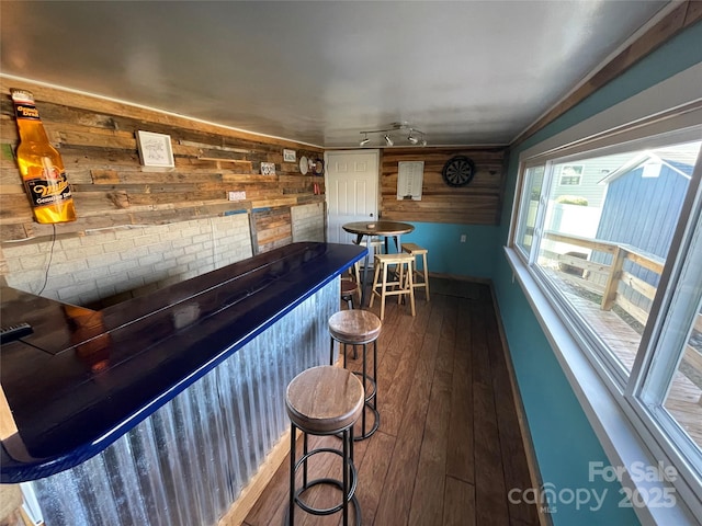132 Marina Ln, Mooresville, NC 28117 - indoor dry bar featuring dark wood-type flooring, wood walls, and baseboards