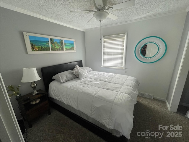 132 Marina Ln, Mooresville, NC 28117 - carpeted bedroom with a textured ceiling, crown molding, ceiling fan, and baseboards