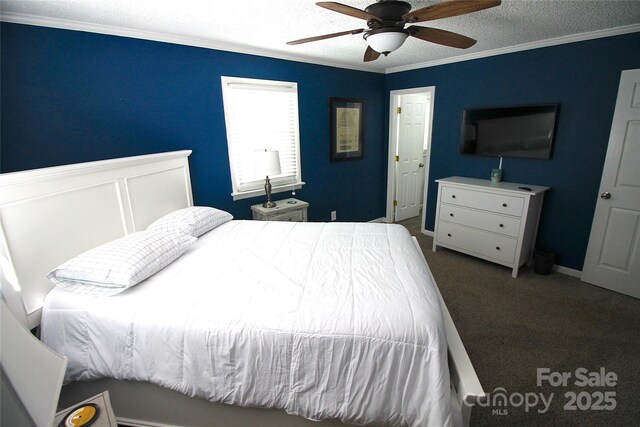 132 Marina Ln, Mooresville, NC 28117 - carpeted bedroom with ornamental molding, a ceiling fan, a textured ceiling, and baseboards