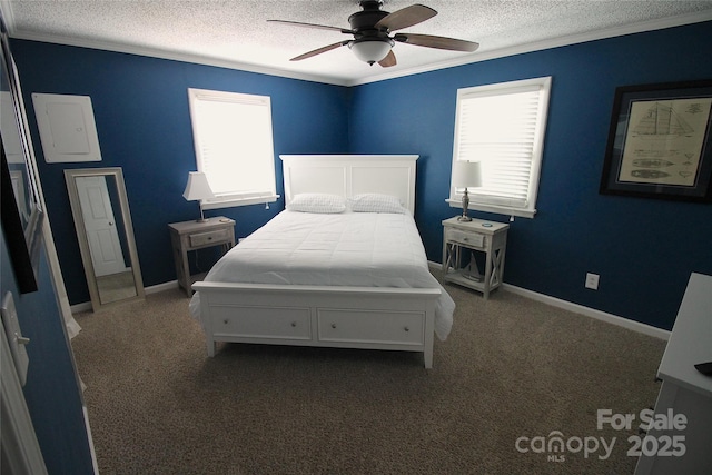 132 Marina Ln, Mooresville, NC 28117 - bedroom featuring a textured ceiling, crown molding, multiple windows, carpet floors, and electric panel