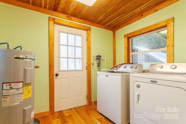 7150 Yellow Creek Rd, Robbinsville, NC 28771 - laundry area featuring water heater, light wood-style flooring, wooden ceiling, and washing machine and dryer