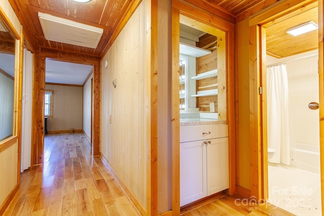 7150 Yellow Creek Rd, Robbinsville, NC 28771 - hallway featuring light wood-type flooring, wood ceiling, and wood walls
