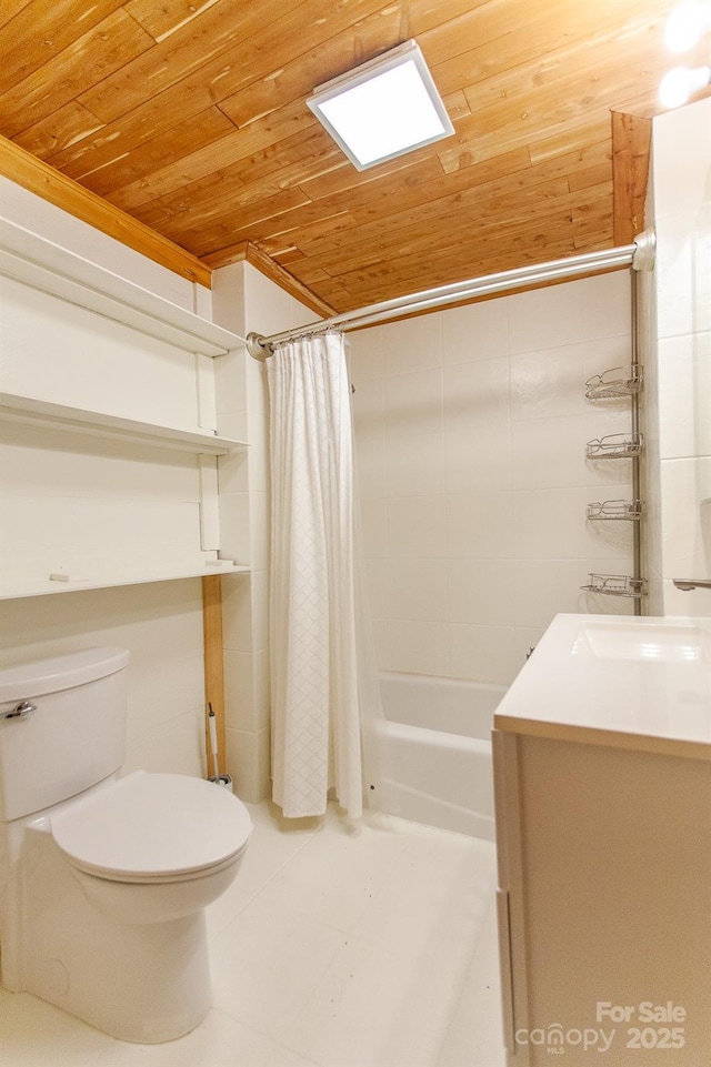 7150 Yellow Creek Rd, Robbinsville, NC 28771 - full bathroom featuring wooden ceiling, toilet, shower / bathtub combination with curtain, vanity, and tile patterned floors