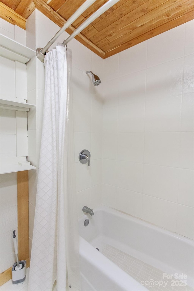 7150 Yellow Creek Rd, Robbinsville, NC 28771 - bathroom featuring shower / tub combo with curtain and wooden ceiling