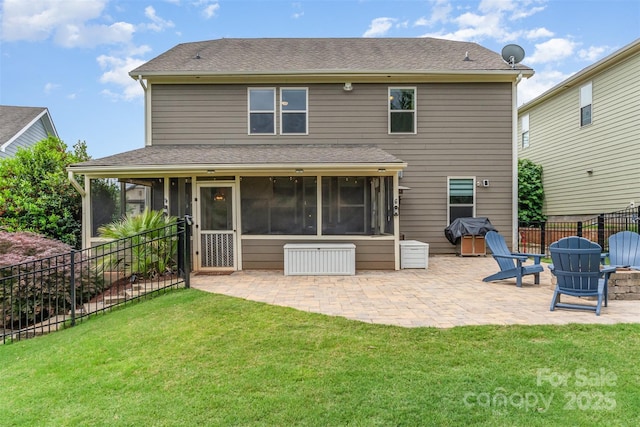 755 Lagan Ct, Fort Mill, SC 29715 - back of property featuring a sunroom, a patio area, and roof with shingles