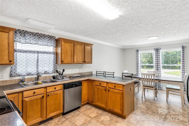 4285 Palmer Lloyd Rd, Lancaster, SC 29720 - kitchen featuring stainless steel dishwasher, a peninsula, brown cabinets, a textured ceiling, and ornamental molding