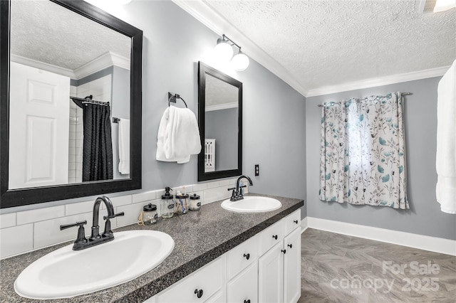 4285 Palmer Lloyd Rd, Lancaster, SC 29720 - bathroom with a textured ceiling, double vanity, ornamental molding, a shower with shower curtain, and backsplash