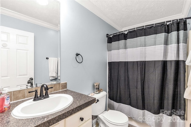 4285 Palmer Lloyd Rd, Lancaster, SC 29720 - full bathroom with crown molding, toilet, vanity, a textured ceiling, and curtained shower