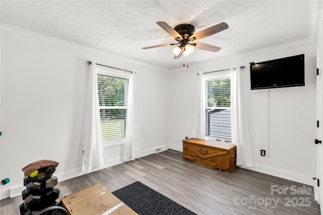 4285 Palmer Lloyd Rd, Lancaster, SC 29720 - exercise room with plenty of natural light, wood finished floors, a textured ceiling, a ceiling fan, and crown molding