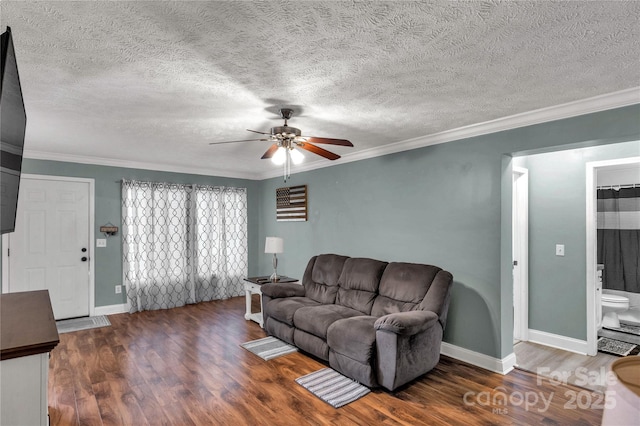 4285 Palmer Lloyd Rd, Lancaster, SC 29720 - living room with wood finished floors, a ceiling fan, crown molding, and a textured ceiling
