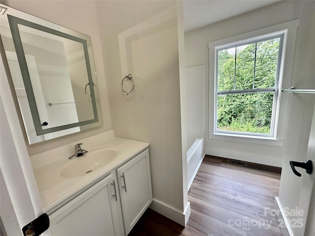 206 Cascade Ridge Rd, Fairview, NC 28730 - full bathroom with vanity, wood finished floors, baseboards, and a bathtub