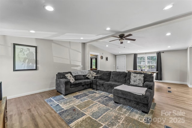 1730 Woodbend Ln, Conover, NC 28613 - living room with wood finished floors, baseboards, recessed lighting, and a ceiling fan