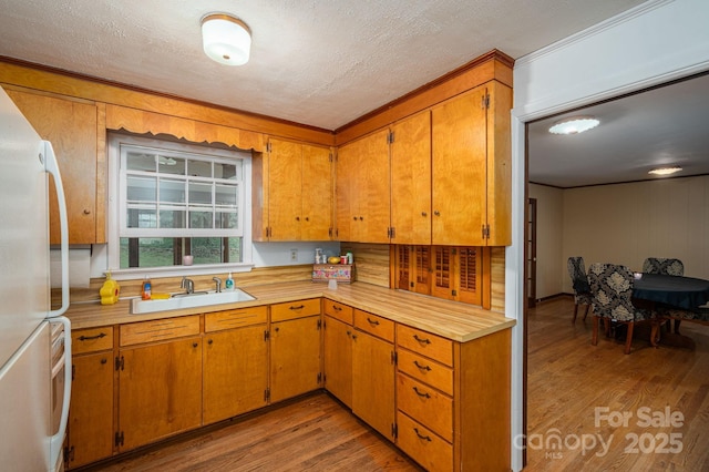 3120 7th Street Dr NE, Hickory, NC 28601 - kitchen featuring freestanding refrigerator, light wood-style flooring, light countertops, a textured ceiling, and brown cabinetry