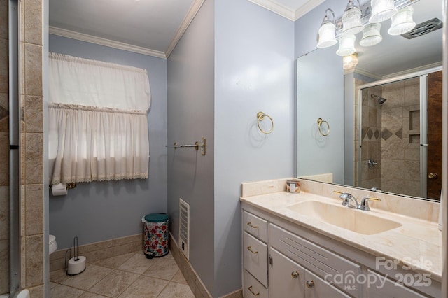 3120 7th Street Dr NE, Hickory, NC 28601 - bathroom with a shower stall, vanity, ornamental molding, and tile patterned floors