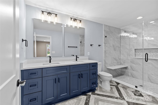 933 Old Charlotte Rd, Concord, NC 28027 - bathroom featuring double vanity, toilet, a stall shower, marble finish flooring, and recessed lighting