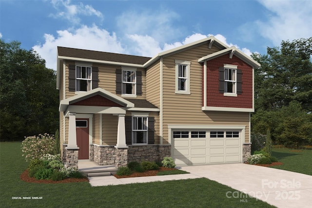 2648 Tillman St, Monroe, NC 28112 - craftsman inspired home featuring stone siding, a garage, concrete driveway, and a front yard