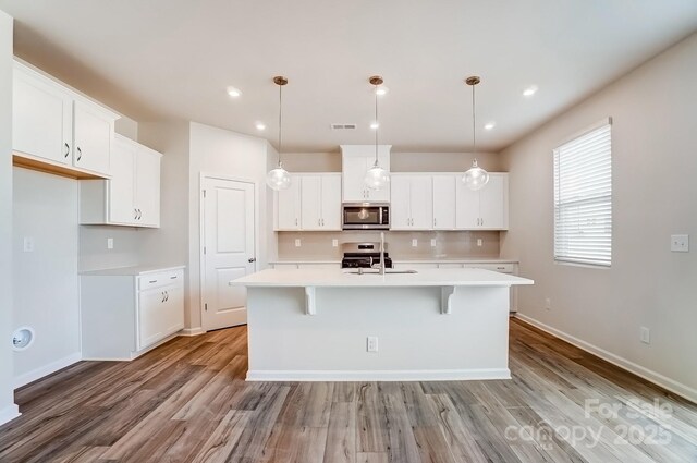 2648 Tillman St, Monroe, NC 28112 - kitchen with stainless steel microwave, a sink, light countertops, light wood-style floors, and recessed lighting