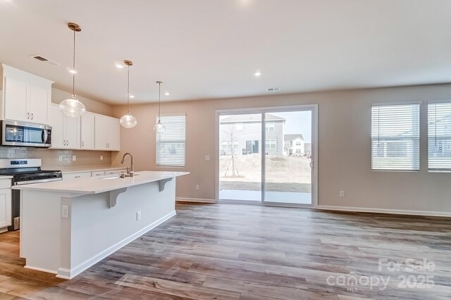 2648 Tillman St, Monroe, NC 28112 - kitchen with appliances with stainless steel finishes, a center island with sink, light wood-style floors, plenty of natural light, and recessed lighting