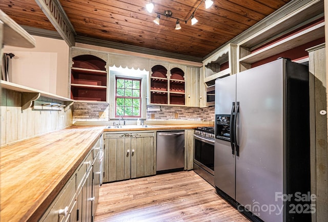 809 Westminster Cir SW, Lenoir, NC 28645 - kitchen with open shelves, appliances with stainless steel finishes, wooden counters, wooden ceiling, and a sink