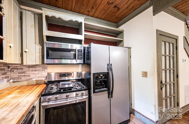 809 Westminster Cir SW, Lenoir, NC 28645 - kitchen featuring stainless steel appliances, wood counters, open shelves, wood finished floors, and ornamental molding