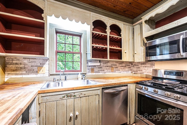 809 Westminster Cir SW, Lenoir, NC 28645 - kitchen featuring appliances with stainless steel finishes, butcher block counters, open shelves, a sink, and backsplash