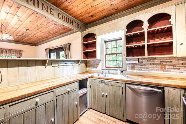 809 Westminster Cir SW, Lenoir, NC 28645 - kitchen featuring butcher block countertops, stainless steel dishwasher, open shelves, wood ceiling, and decorative backsplash