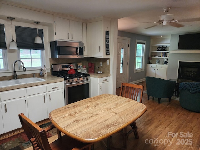 2904 E Brocktown Rd, Moravian Falls, NC 28654 - kitchen featuring appliances with stainless steel finishes, a sink, light wood-style flooring, and white cabinets