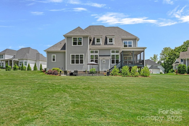 224 Hidden Meadows Dr, Mooresville, NC 28117 - rear view of property with a ceiling fan, a sunroom, a yard, a shingled roof, and stairs