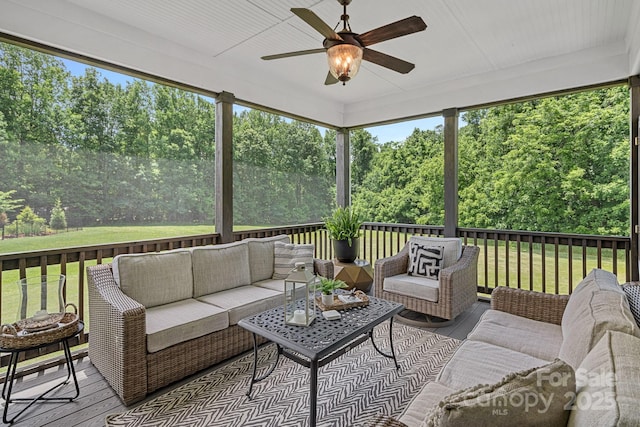 224 Hidden Meadows Dr, Mooresville, NC 28117 - sunroom featuring a ceiling fan, an outdoor living space, and plenty of natural light