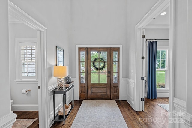 224 Hidden Meadows Dr, Mooresville, NC 28117 - foyer entrance featuring dark wood finished floors and a wainscoted wall