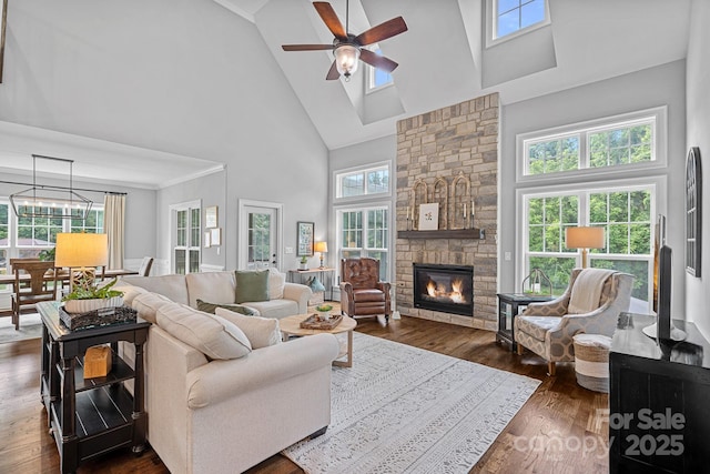 224 Hidden Meadows Dr, Mooresville, NC 28117 - living area featuring high vaulted ceiling, ceiling fan, dark wood-type flooring, and a fireplace