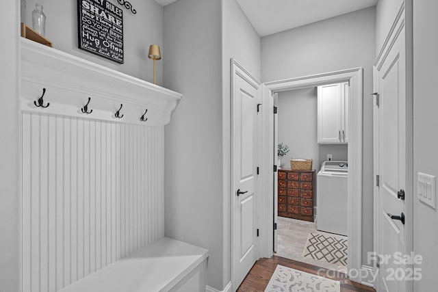 224 Hidden Meadows Dr, Mooresville, NC 28117 - mudroom with washer / clothes dryer and dark wood-style floors