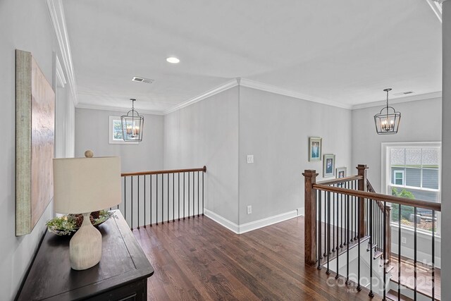 224 Hidden Meadows Dr, Mooresville, NC 28117 - corridor with an upstairs landing, a chandelier, dark wood-type flooring, plenty of natural light, and ornamental molding