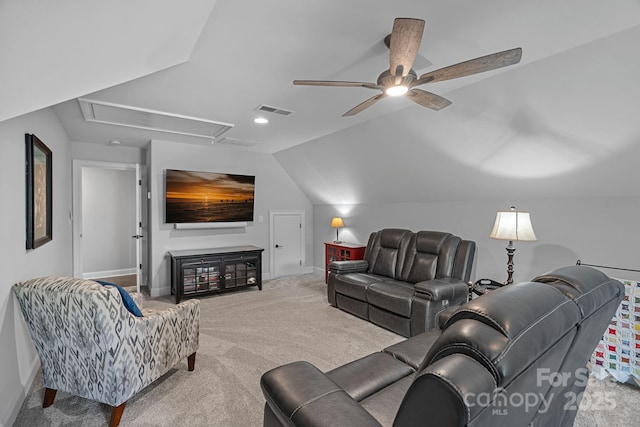 224 Hidden Meadows Dr, Mooresville, NC 28117 - living room with attic access, lofted ceiling, ceiling fan, carpet, and baseboards
